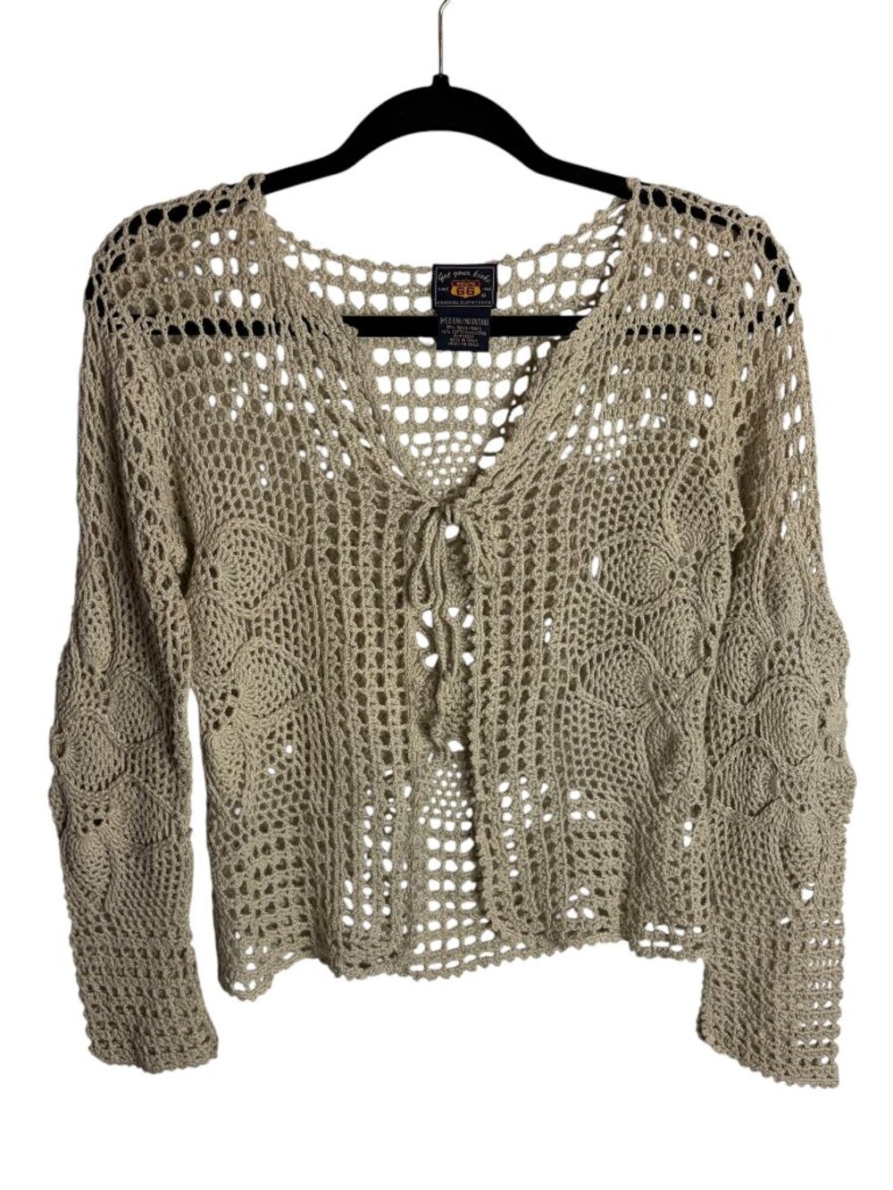 Vintage Route 66 Size M Crochet Knit Tie Front Cardigan Shrug Beach Sweater Y2K